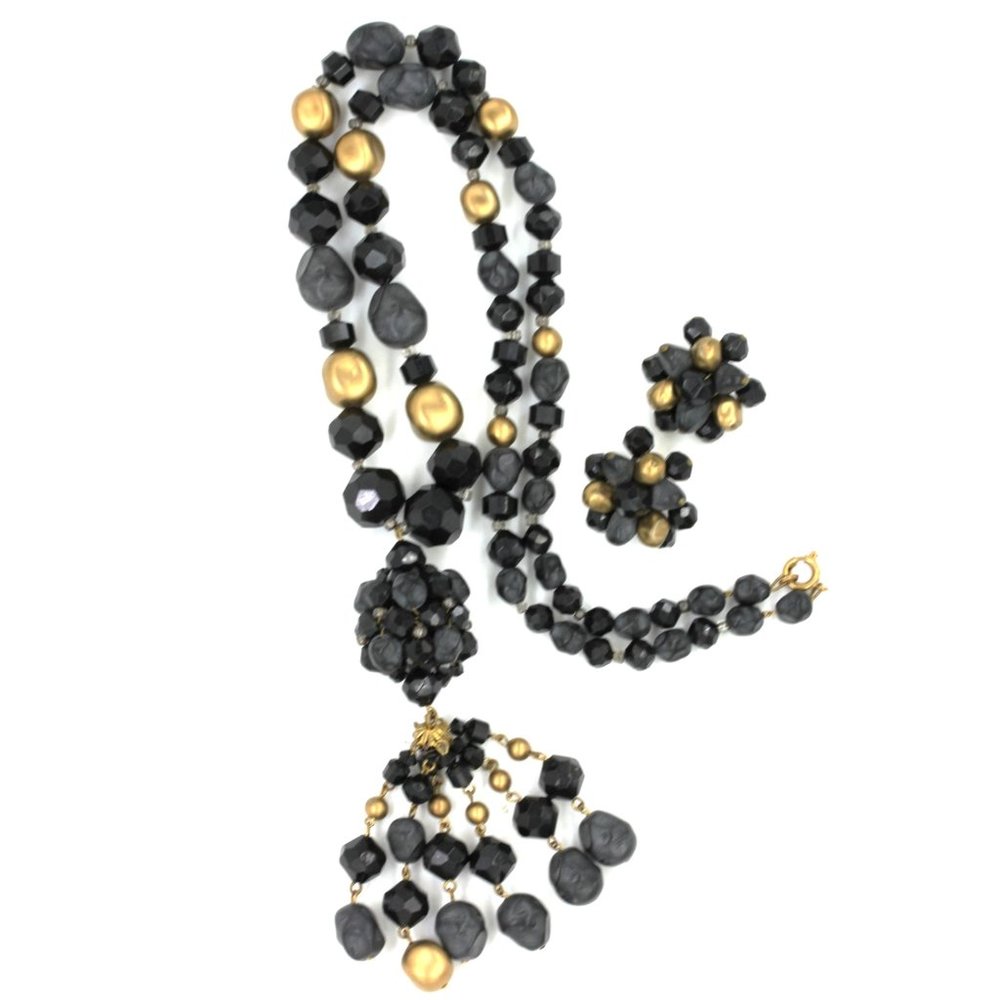 ANTIQUE West Germany black & gold tassle beaded necklace/earrings 27" EUC